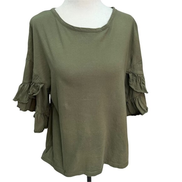 saks Fifth Avenue Army Green Ruffle Sleeve T-shirt Top Size XS - Picture 2 of 11